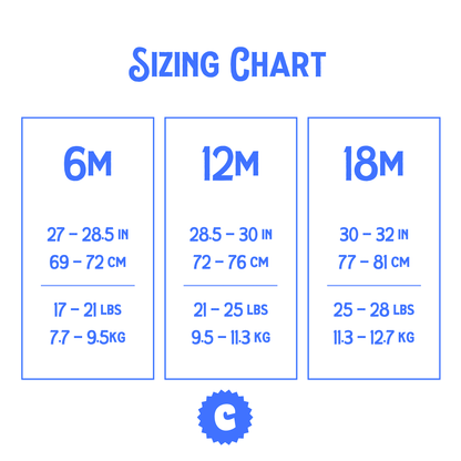 Sizing chart for children's measurements in inches, centimeters, and pounds.