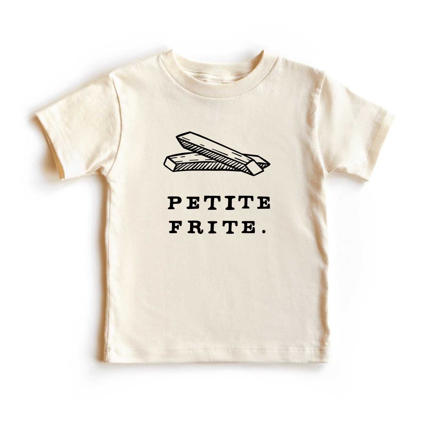 Beige t-shirt with 'Petite Frite' text and graphic on a white background