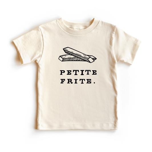 Beige t-shirt with 'Petite Frite' text and graphic on a white background