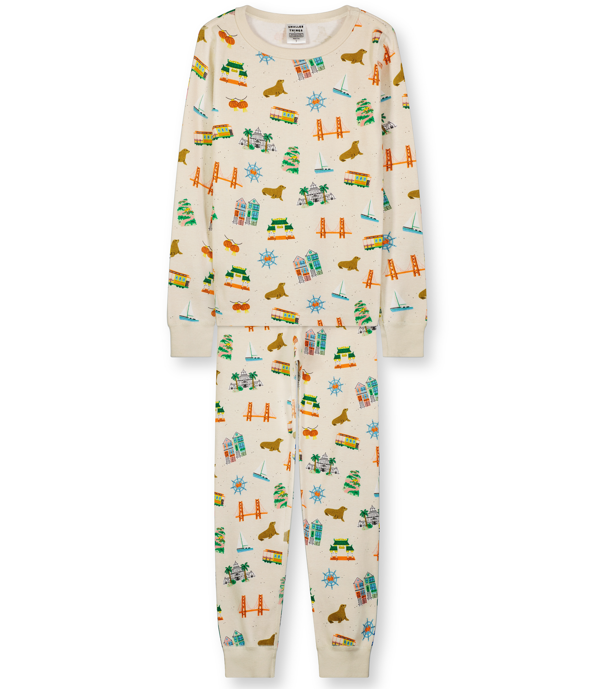 Children's pajama set with San Francisco themed pattern on a white background