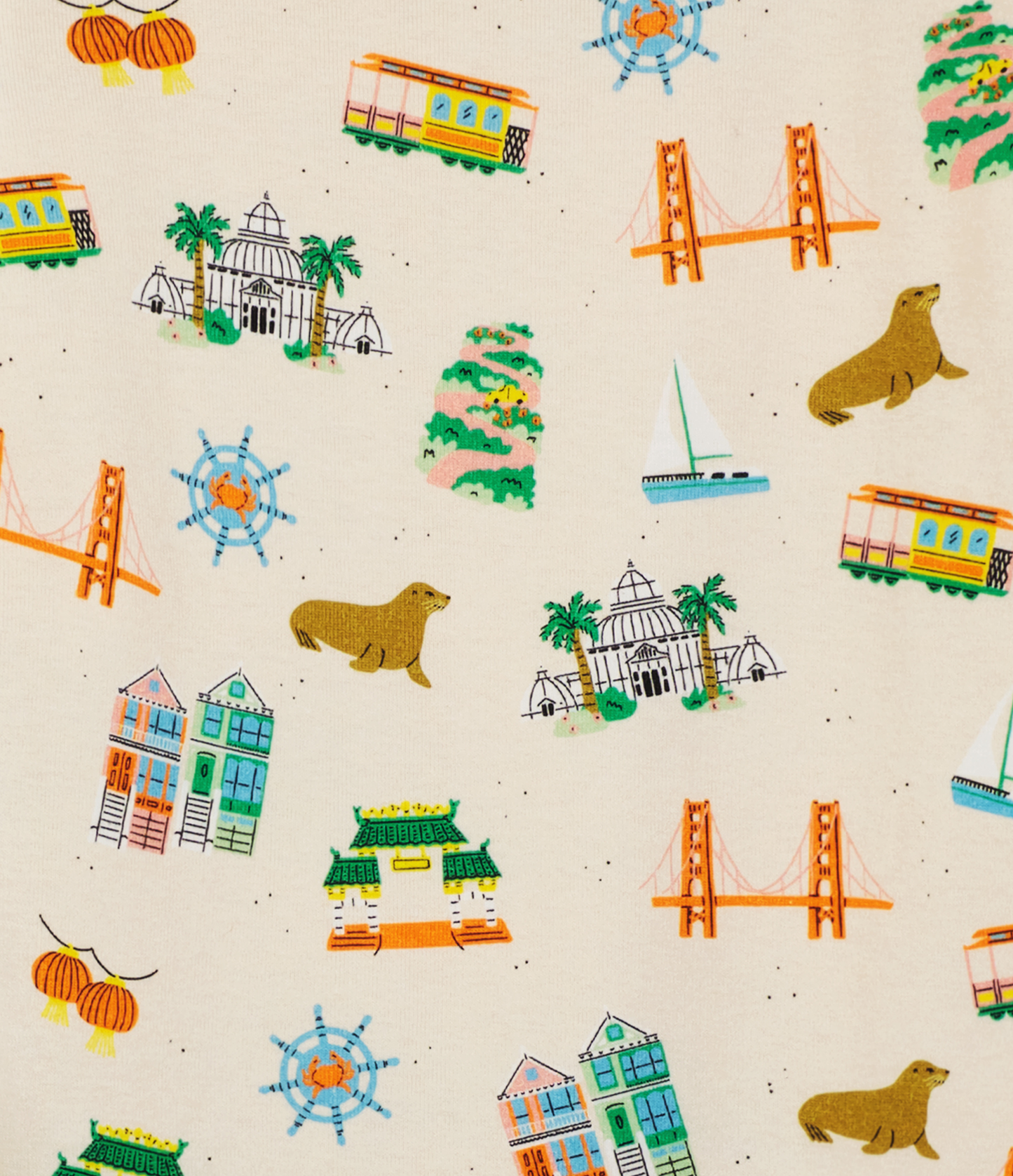 Pattern of San Francisco-themed illustrations on a beige background