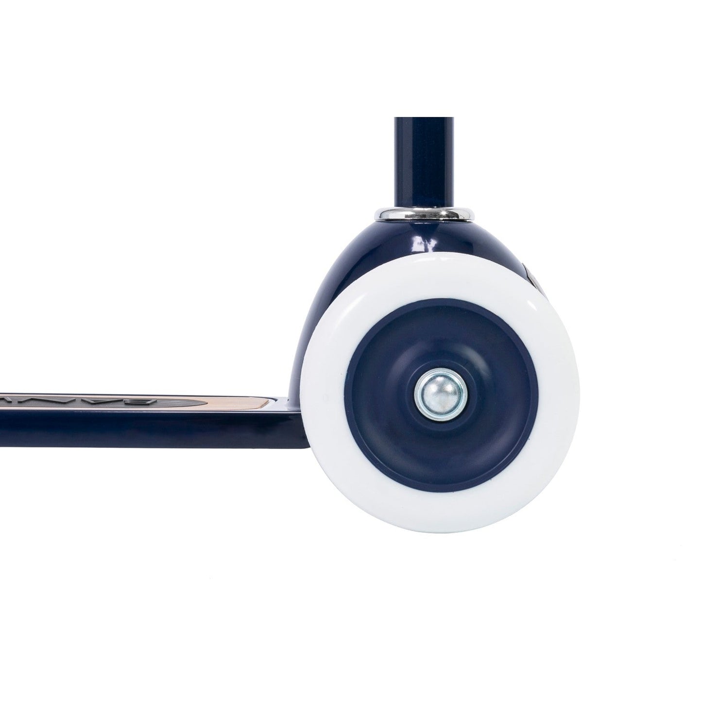 Close-up of a scooter wheel with blue rim and white rubber on a white background