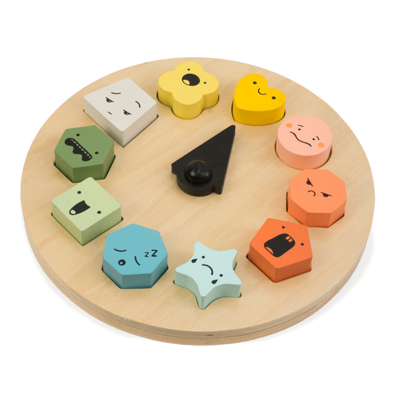 Wooden toy with colorful shapes and facial expressions on a white background