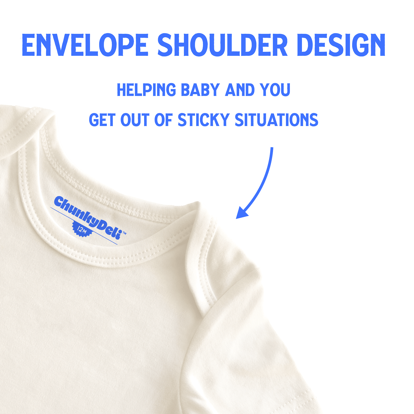 Close-up of a baby onesie with an envelope shoulder design, featuring the brand 'Chumlee & Deli'.