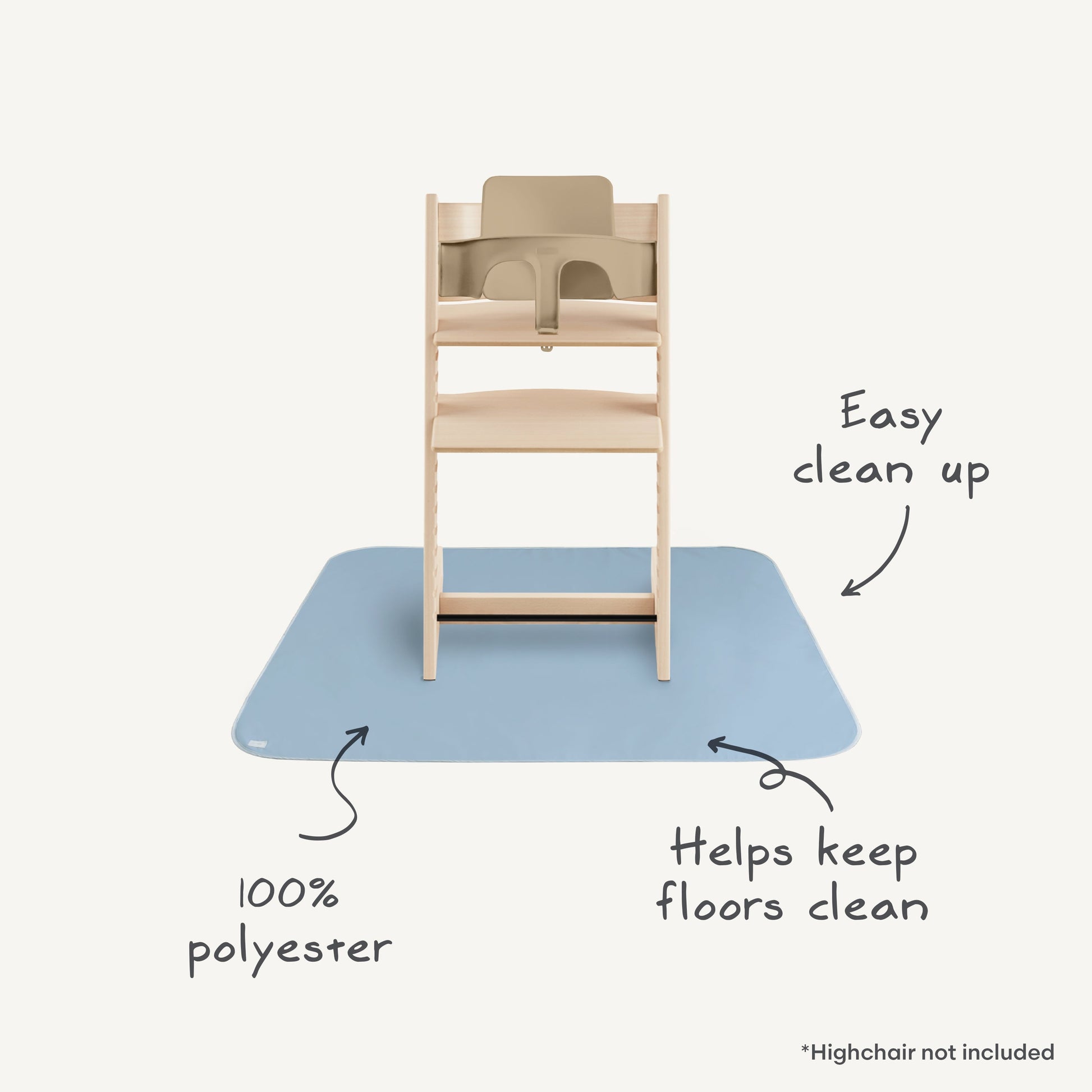 Wooden high chair with a blue mat underneath, labeled for easy clean-up and flooring protection.