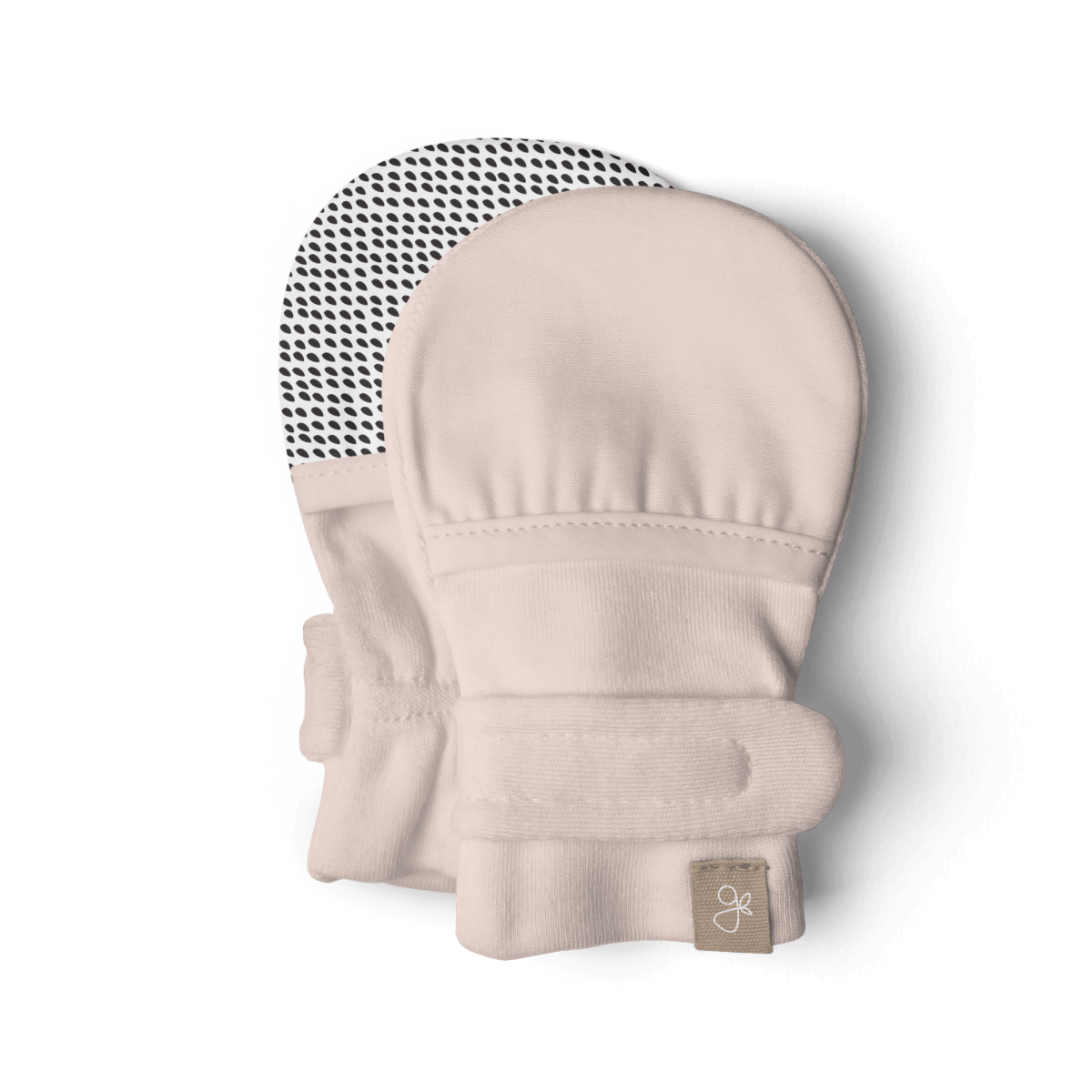 Beige baby mittens with a brand label on a transparent background