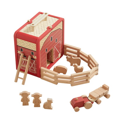Wooden toy barn set with animals and figures on a white background