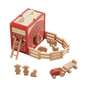 Wooden toy barn set with animals and figures on a white background