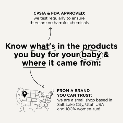 Black and white advertisement with text about product safety, CPSIA & FDA approval, and a small shop based in Salt Lake City, Utah.