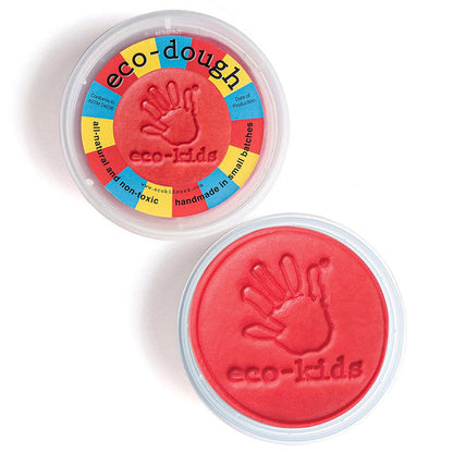 Red eco-dough with handprint design from eco-kids on a white background