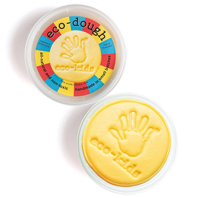 Two containers of eco-dough with a handprint design on a white background