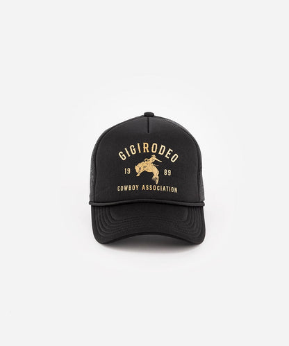 Black cap with gold text and logo on a white background