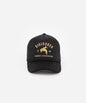 Black cap with gold text and logo on a white background