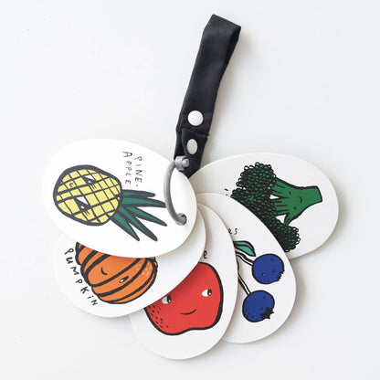Set of colorful fruit and vegetable-themed stroller cards on a white background