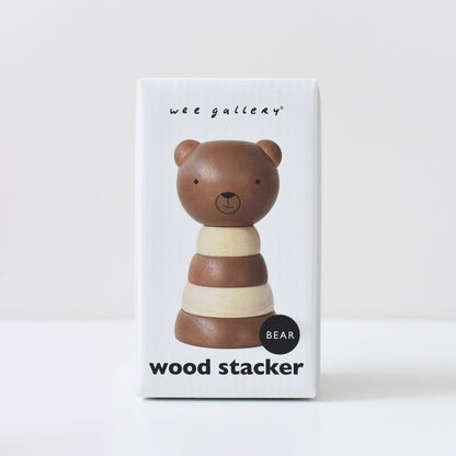 Wee Gallery wood stacker toy packaging with a bear design on a white background