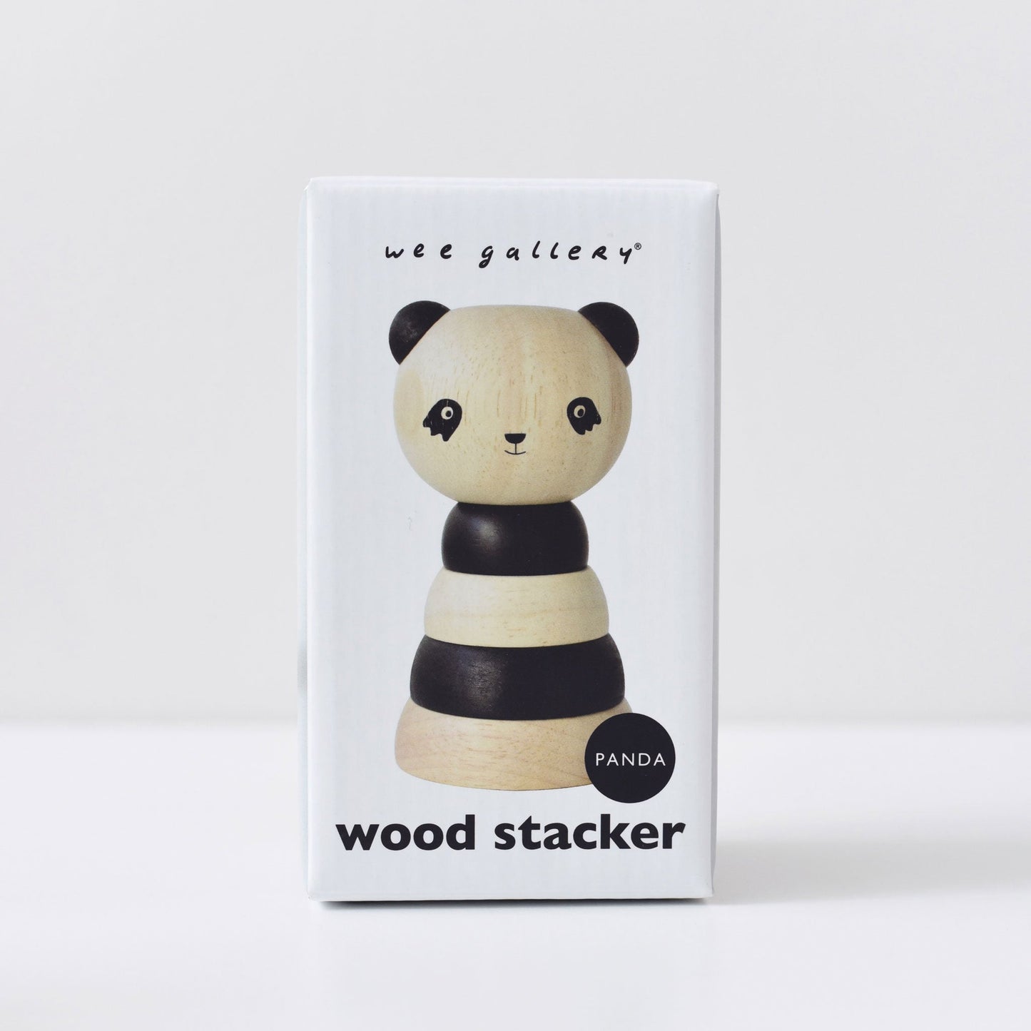 Wooden panda stacker toy with 'wee gallery' branding on a white background