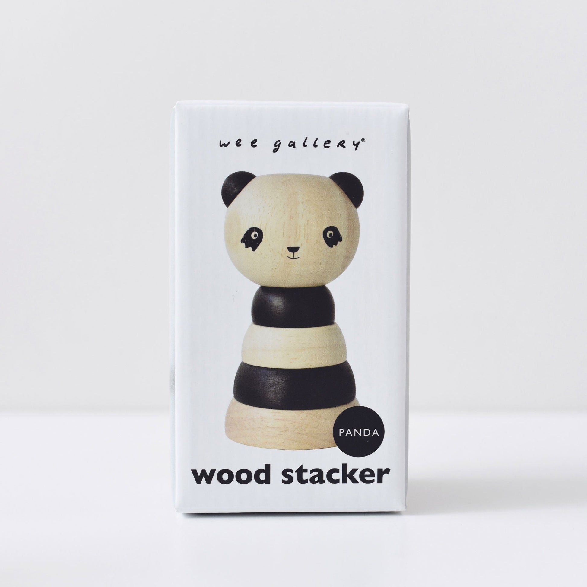 Wooden panda stacker toy with 'wee gallery' branding on a white background