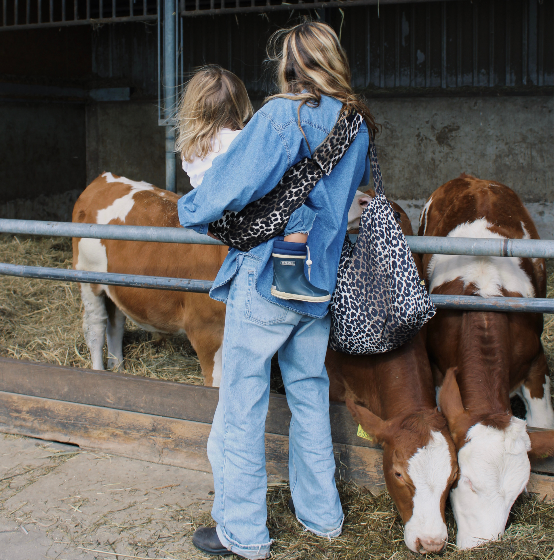 Two people with leopard print bags interacting with cows in a barn setting.